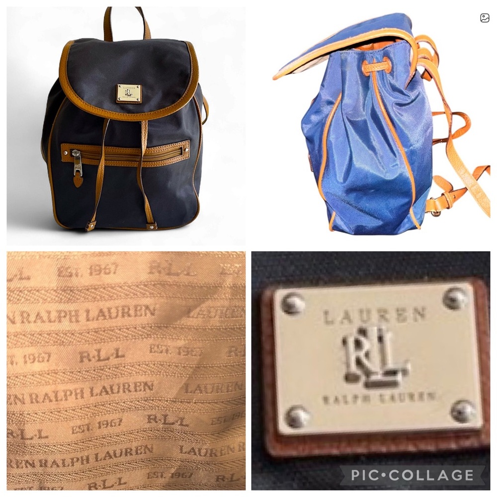Ralph Lauren Blue leather trim nylon backpack EUC